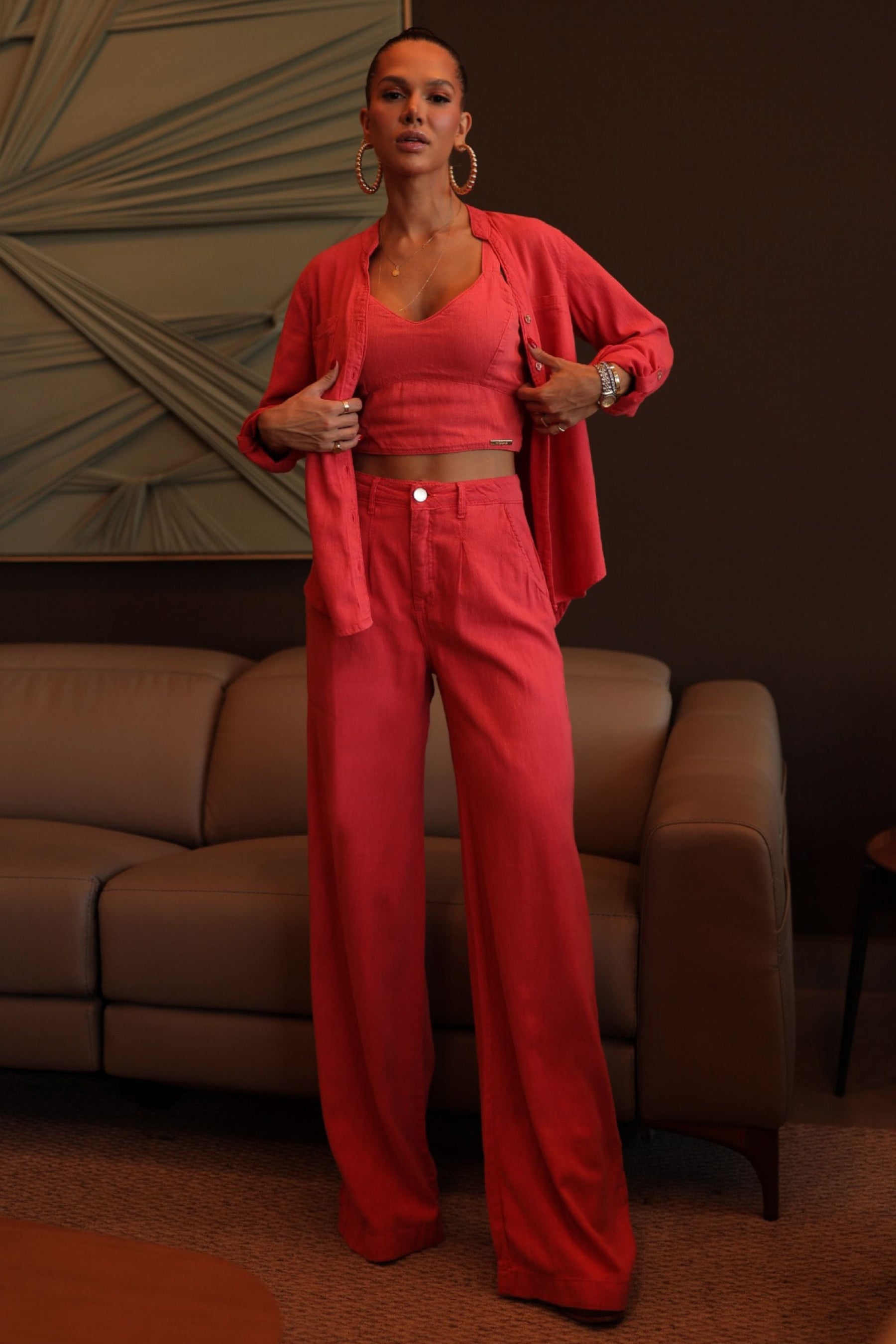Calça Pantalona de Linho Térmico Dunas Vermelha Vibrante
