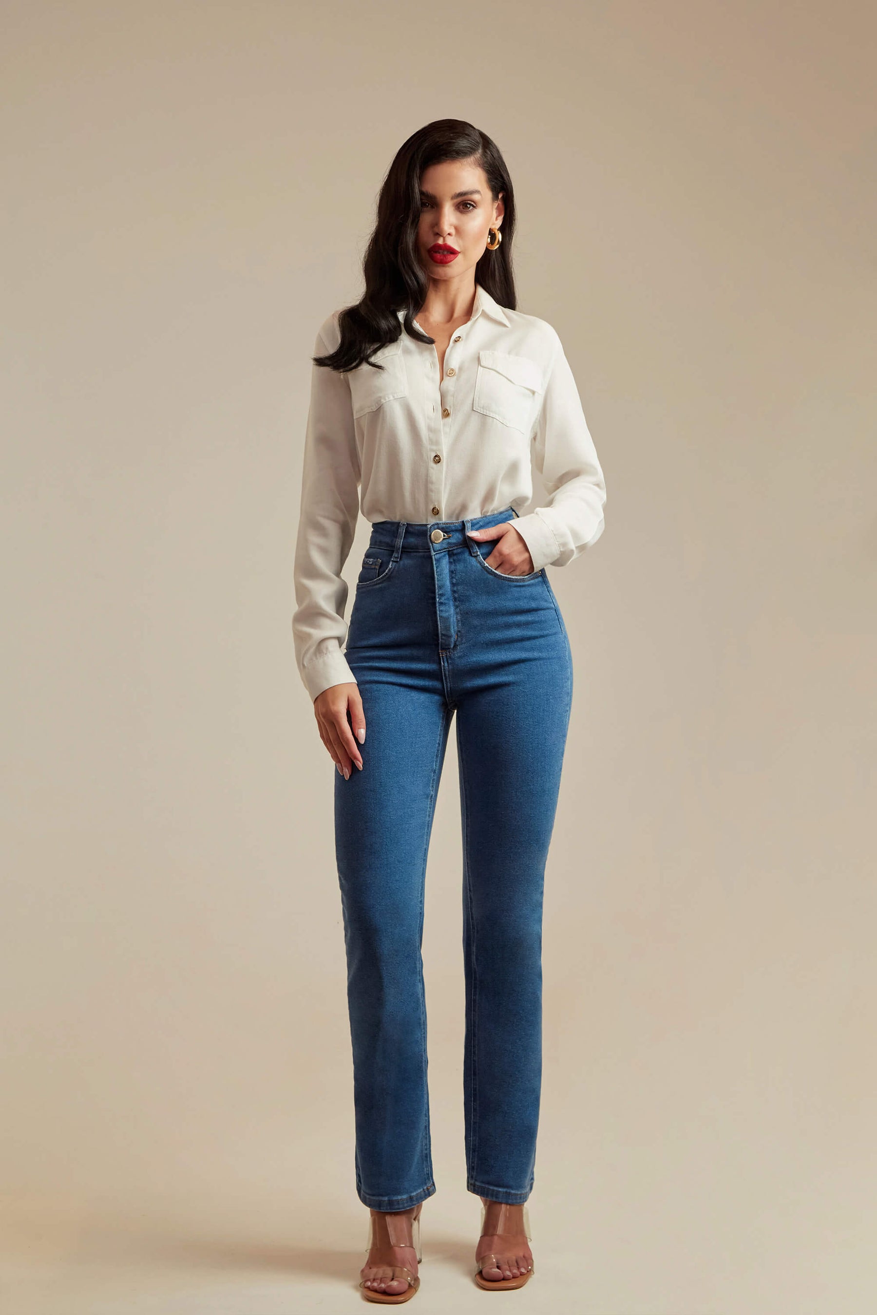 Calça Jeans Modeladora Clássica Reta Cós Super Alto