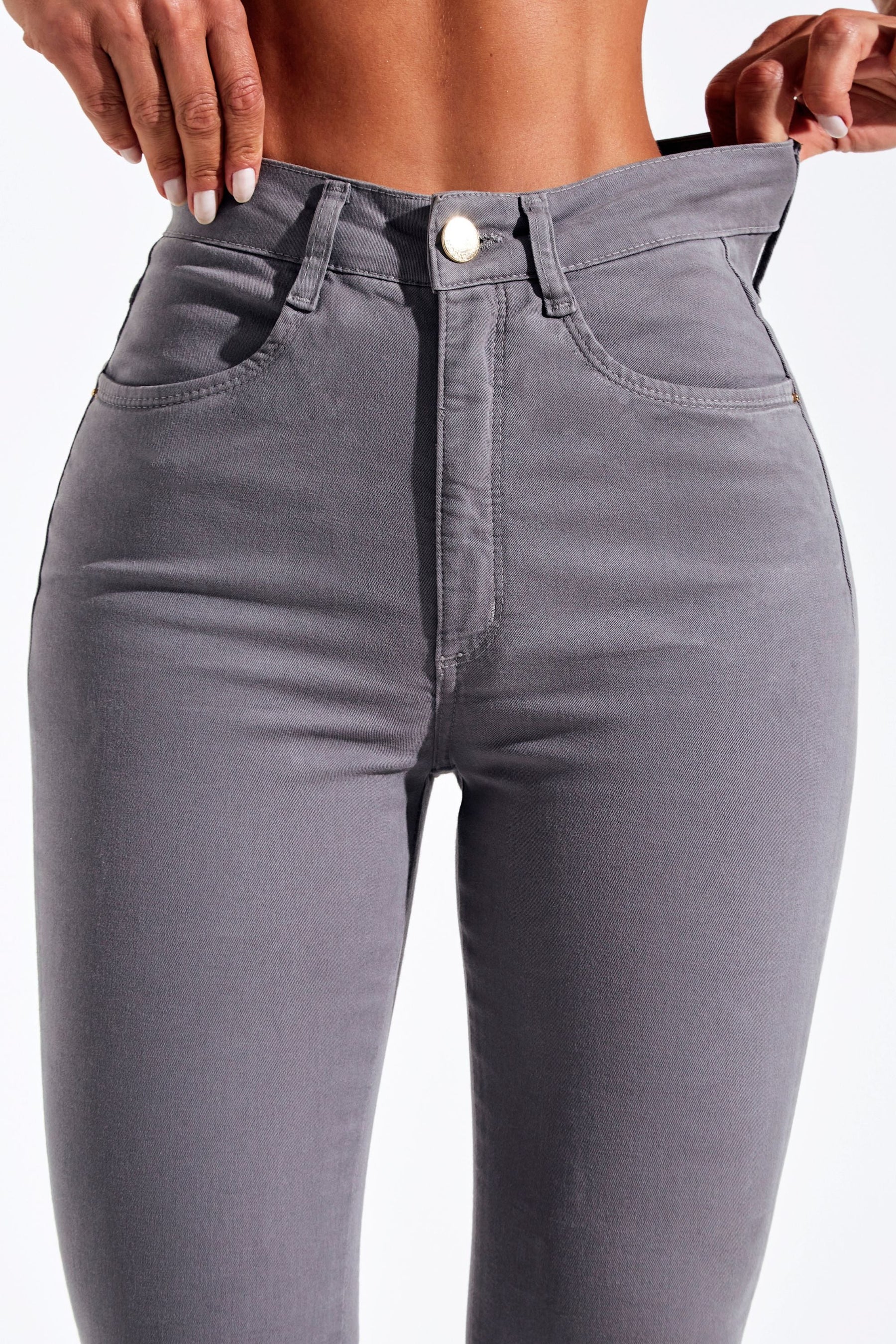 Calça Jeans Modeladora Skinny Cinza Cós Alto