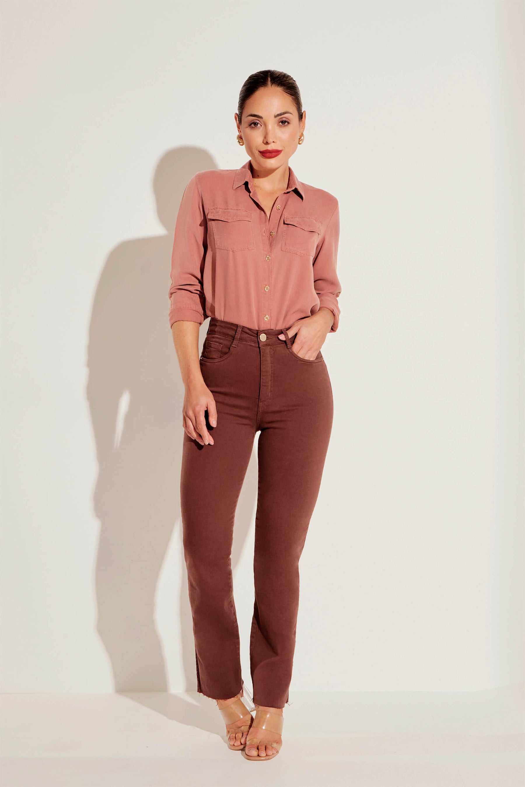 Calça Jeans Modeladora Coffee Reta Cós Alto