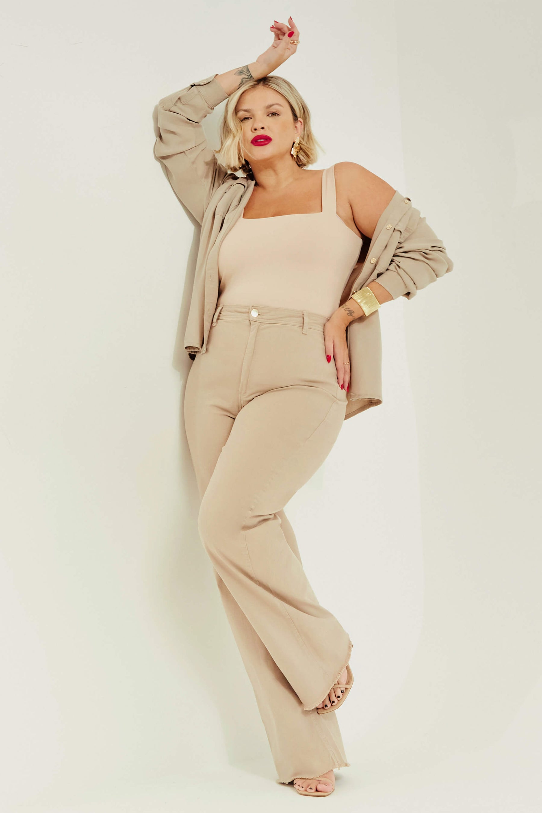 Calça Jeans Modeladora Nude Wide Leg Cós Super Alto