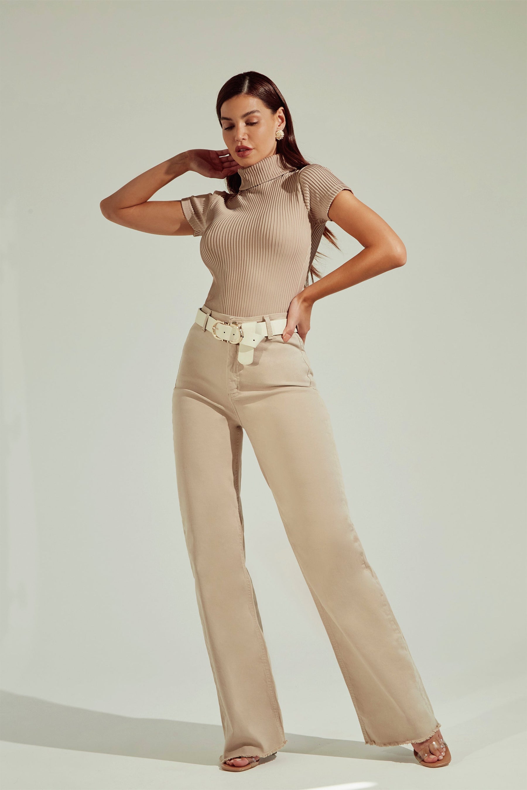 Calça Jeans Modeladora Nude Wide Leg Cós Super Alto
