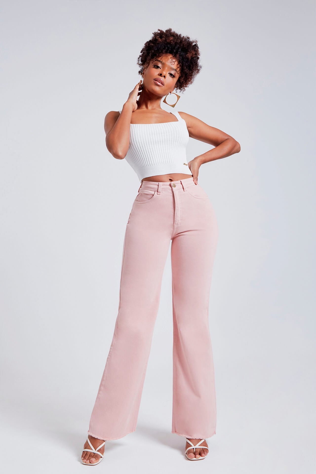 Calça Jeans Modeladora Rosa Wide Leg Cós Super Alto
