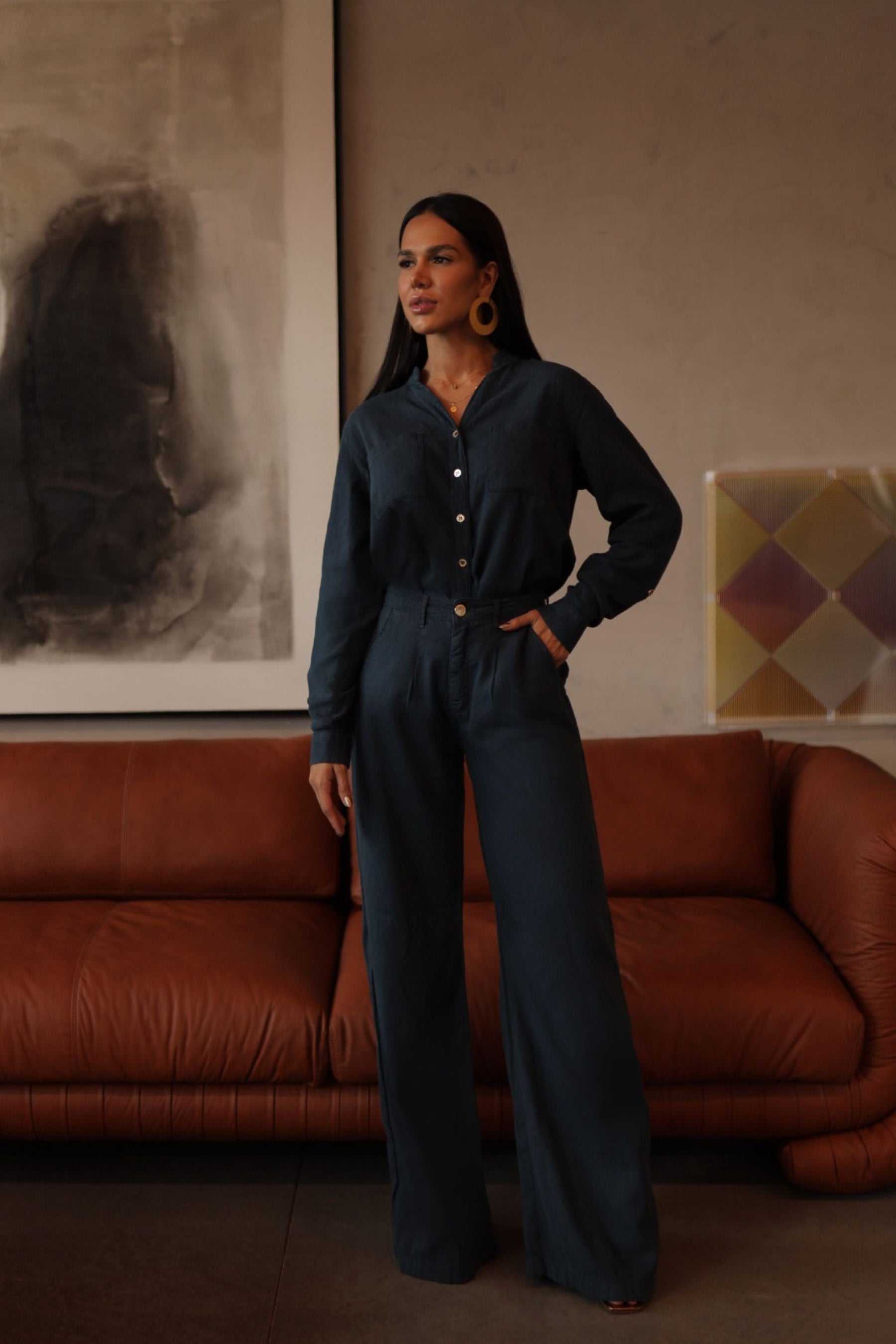 Calça Pantalona de Linho Térmico Dunas Azul Marinho