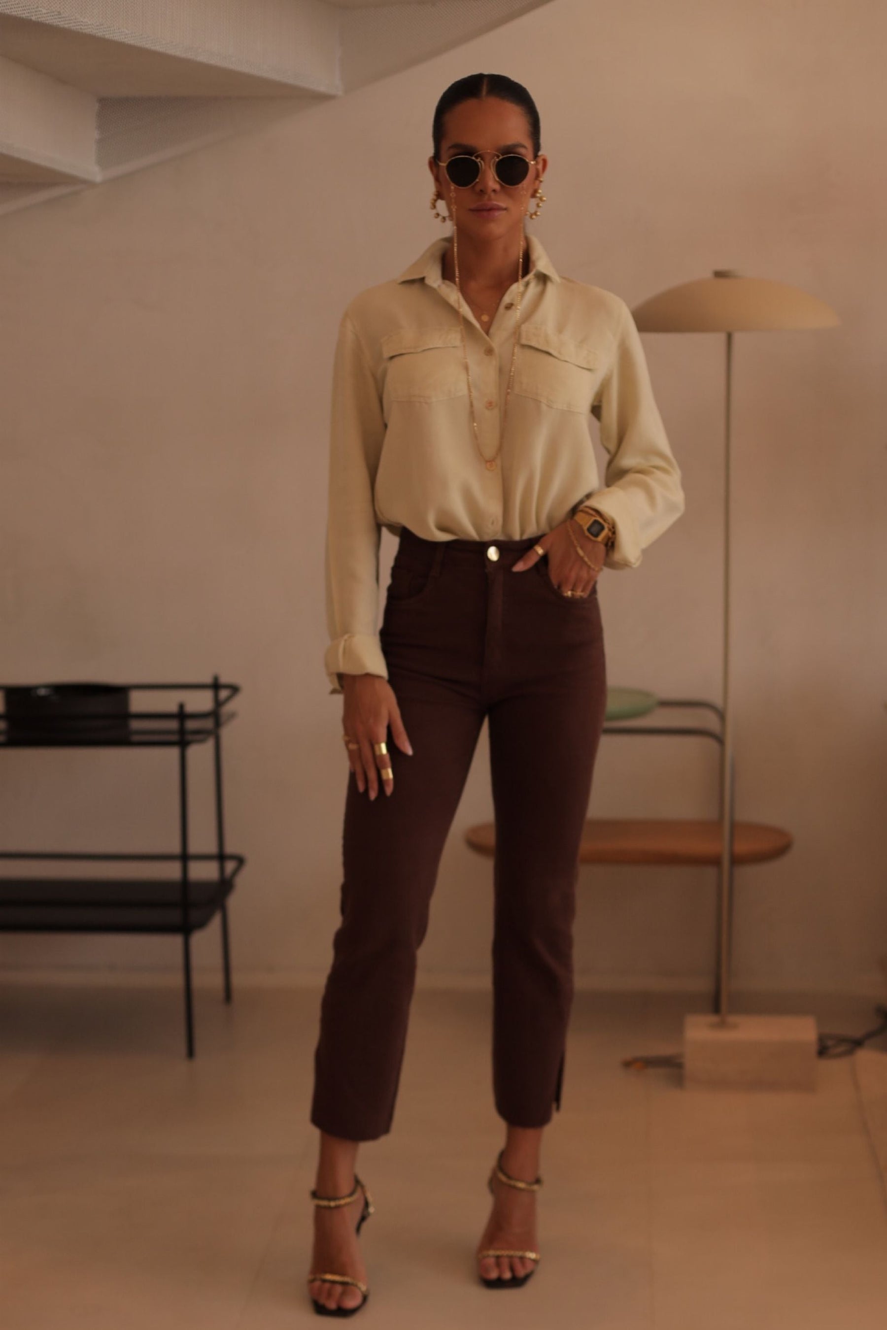 Calça Jeans Modeladora Coffee Reta Cós Alto