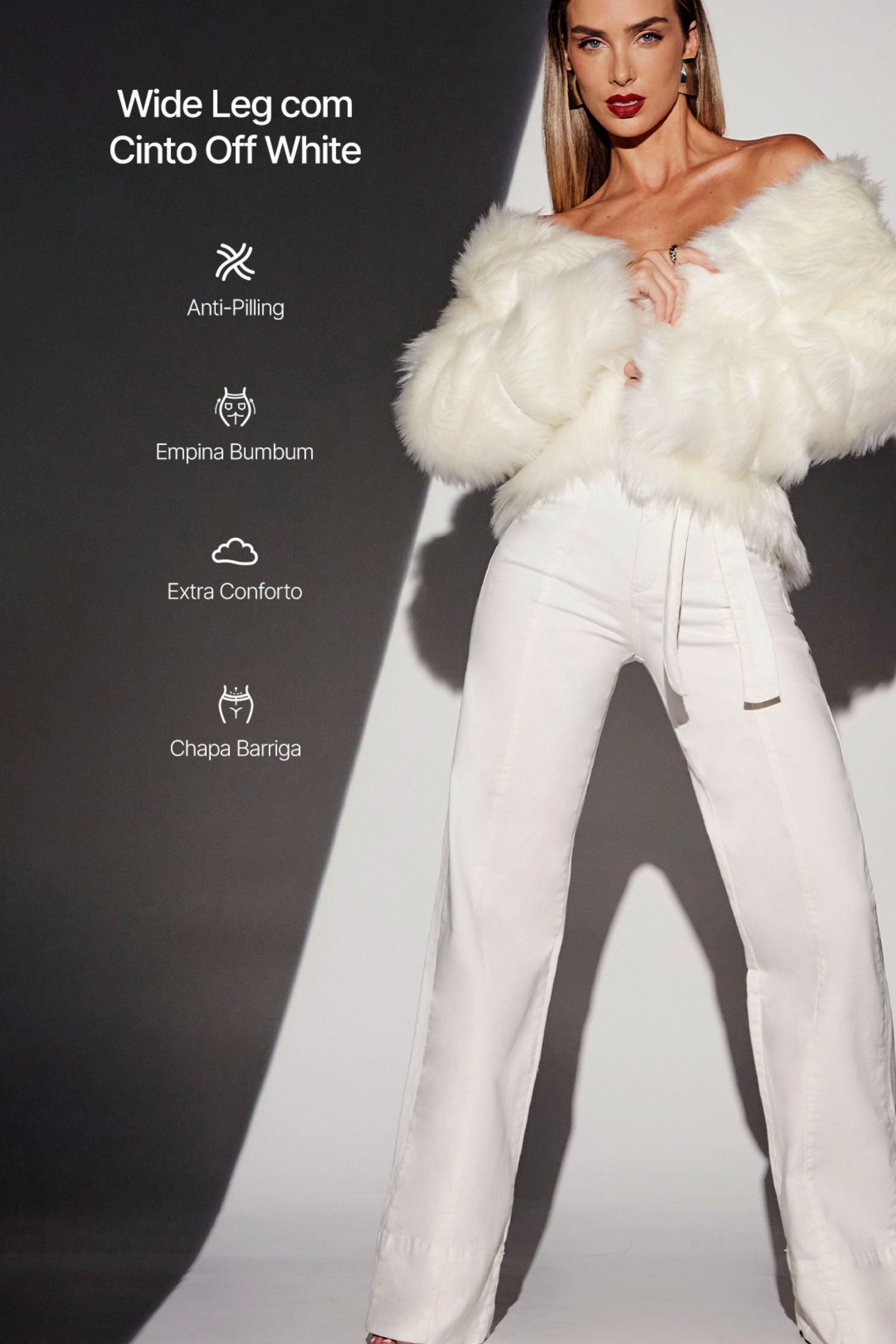 Calça Jeans de Rica Tecnológica Wide Leg Off White Cós Super Alto