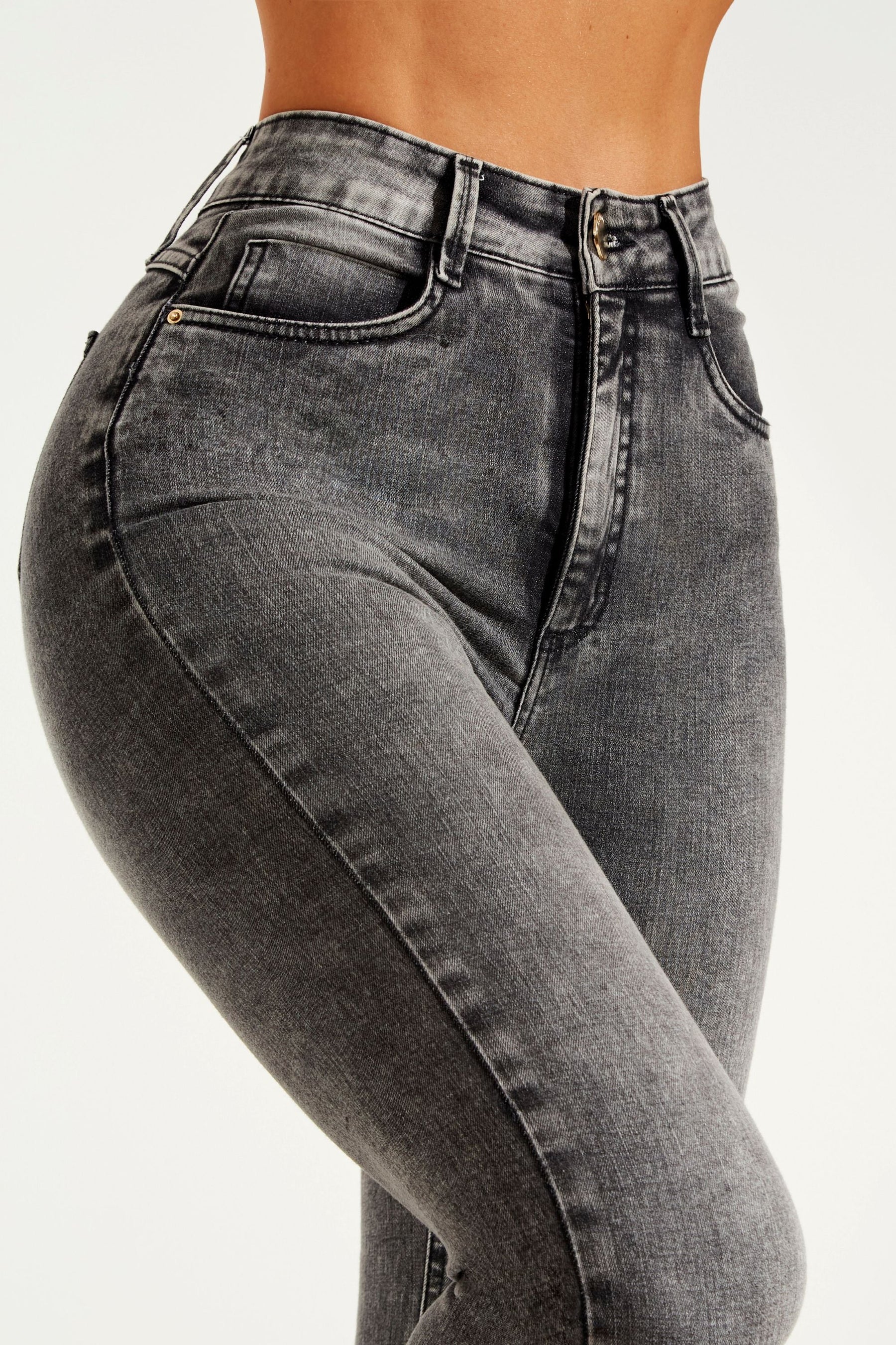 Calça Jeans Modeladora Cinza Reta Cós Super Alto