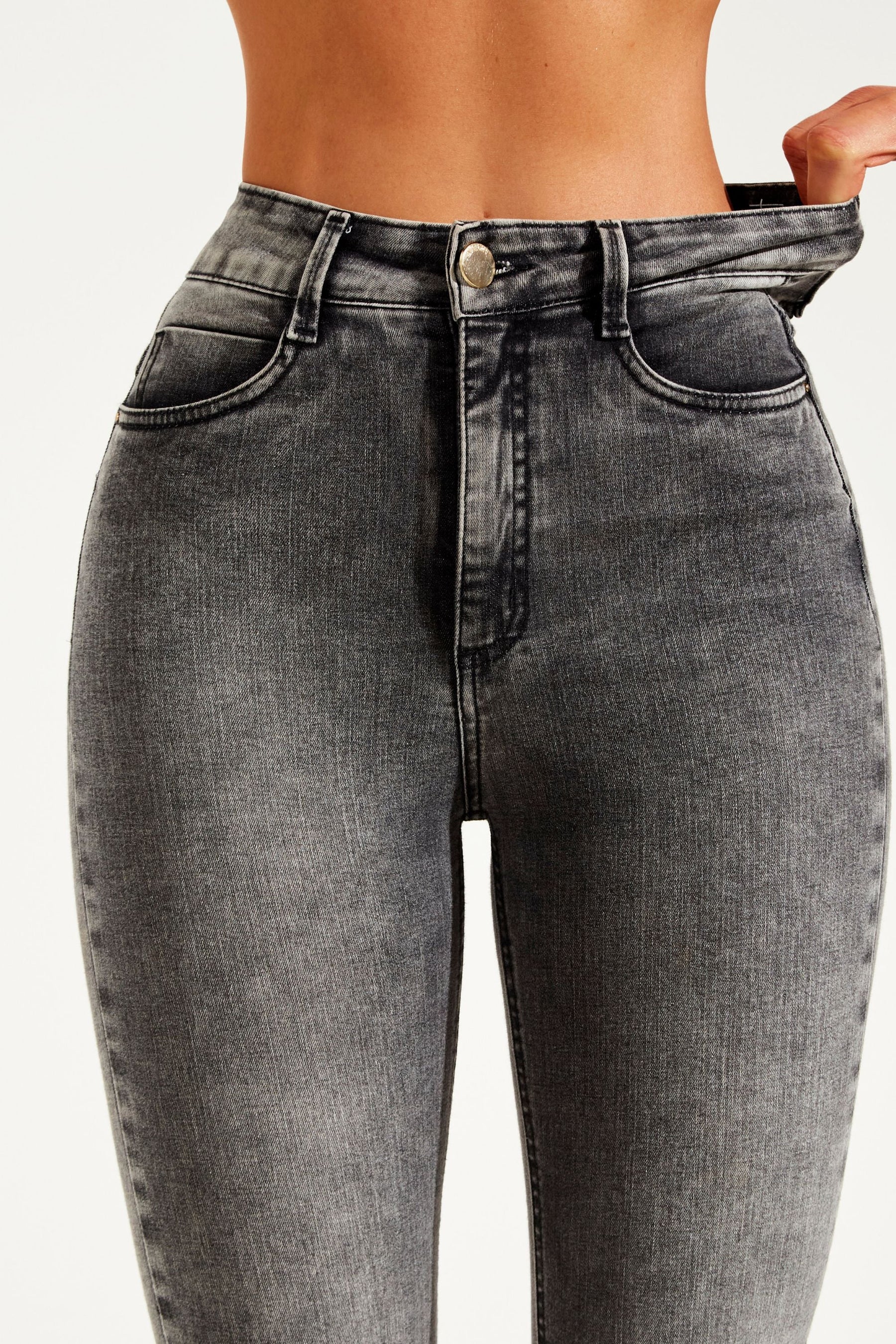 Calça Jeans Modeladora Cinza Reta Cós Super Alto