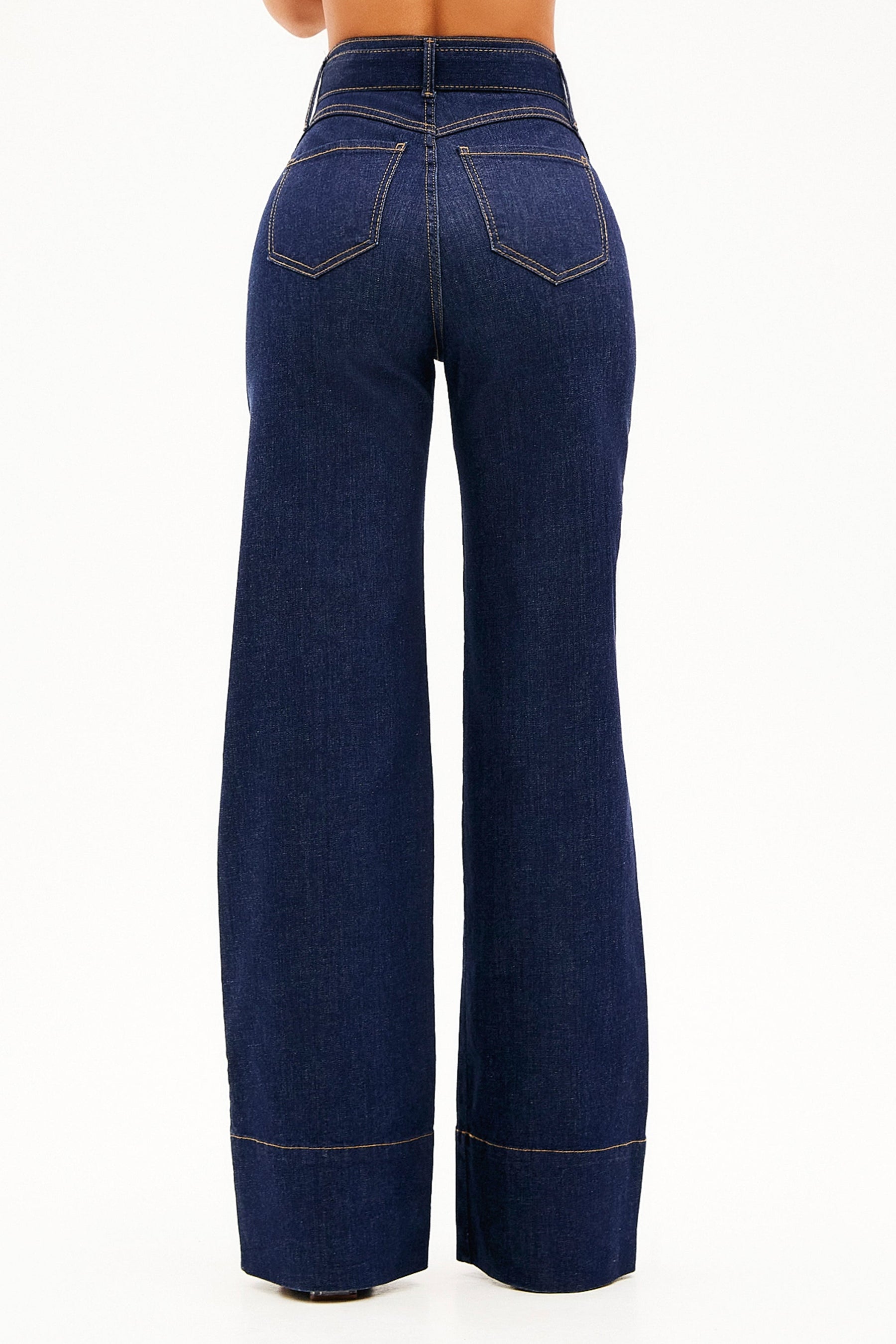 Calça Jeans de Rica Tecnológica Wide Leg Cós Super Alto