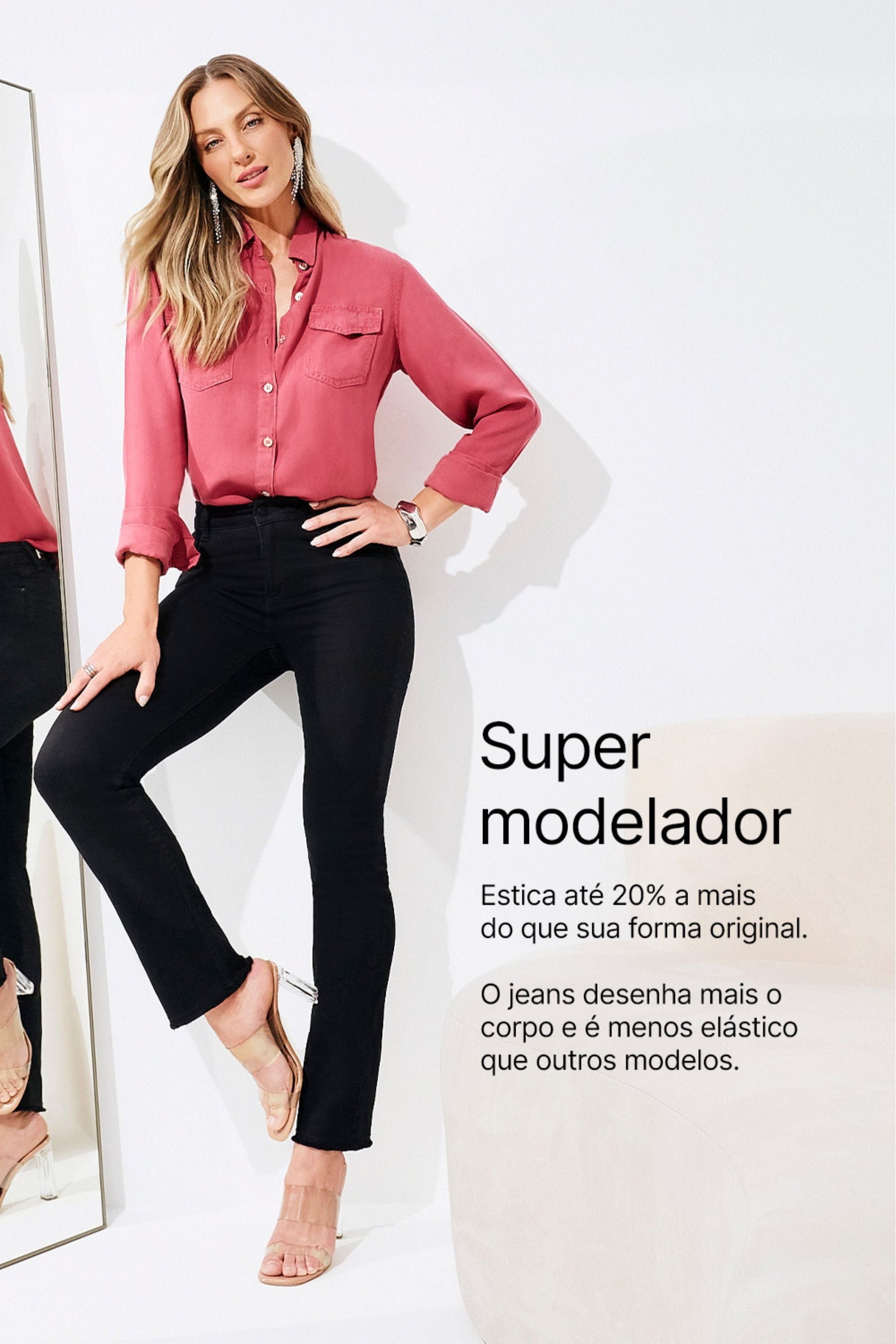 Calça Jeans Modeladora Reta Preto Intenso Cós Médio