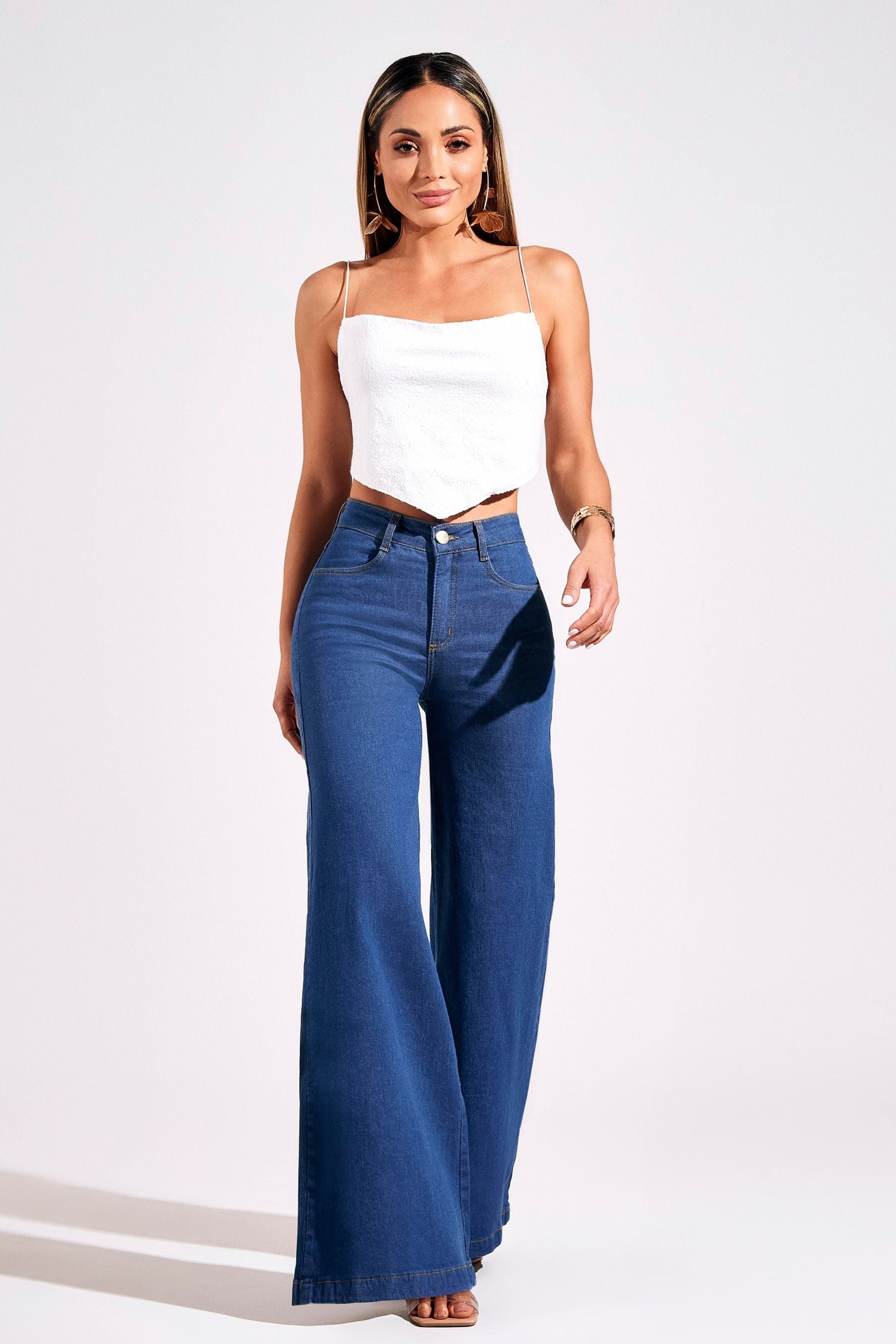 Calça Jeans Ultra Modeladora Pantalona Jeans Médio Cós Médio