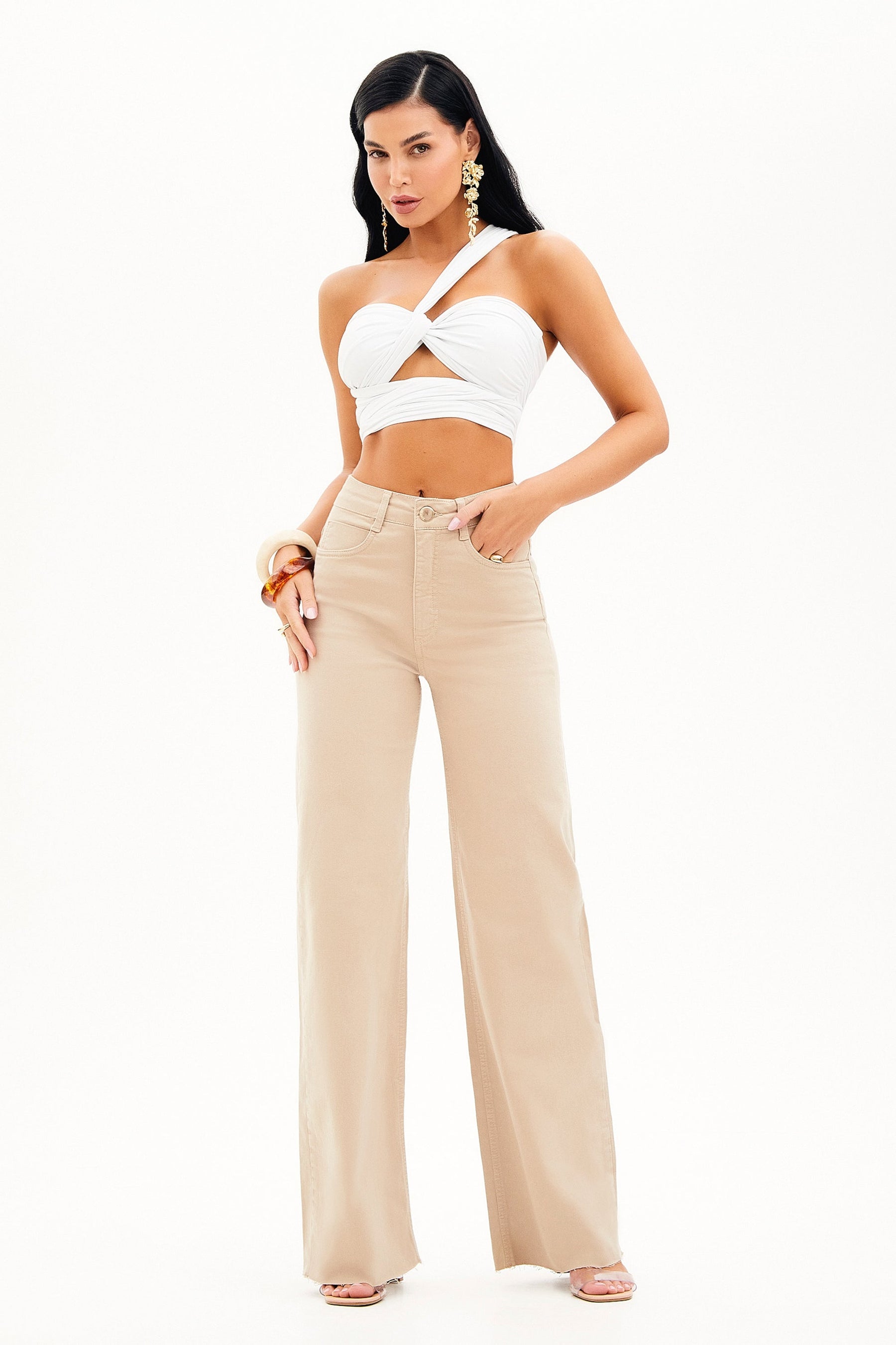 Calça Jeans Modeladora Nude Wide Leg Cós Super Alto