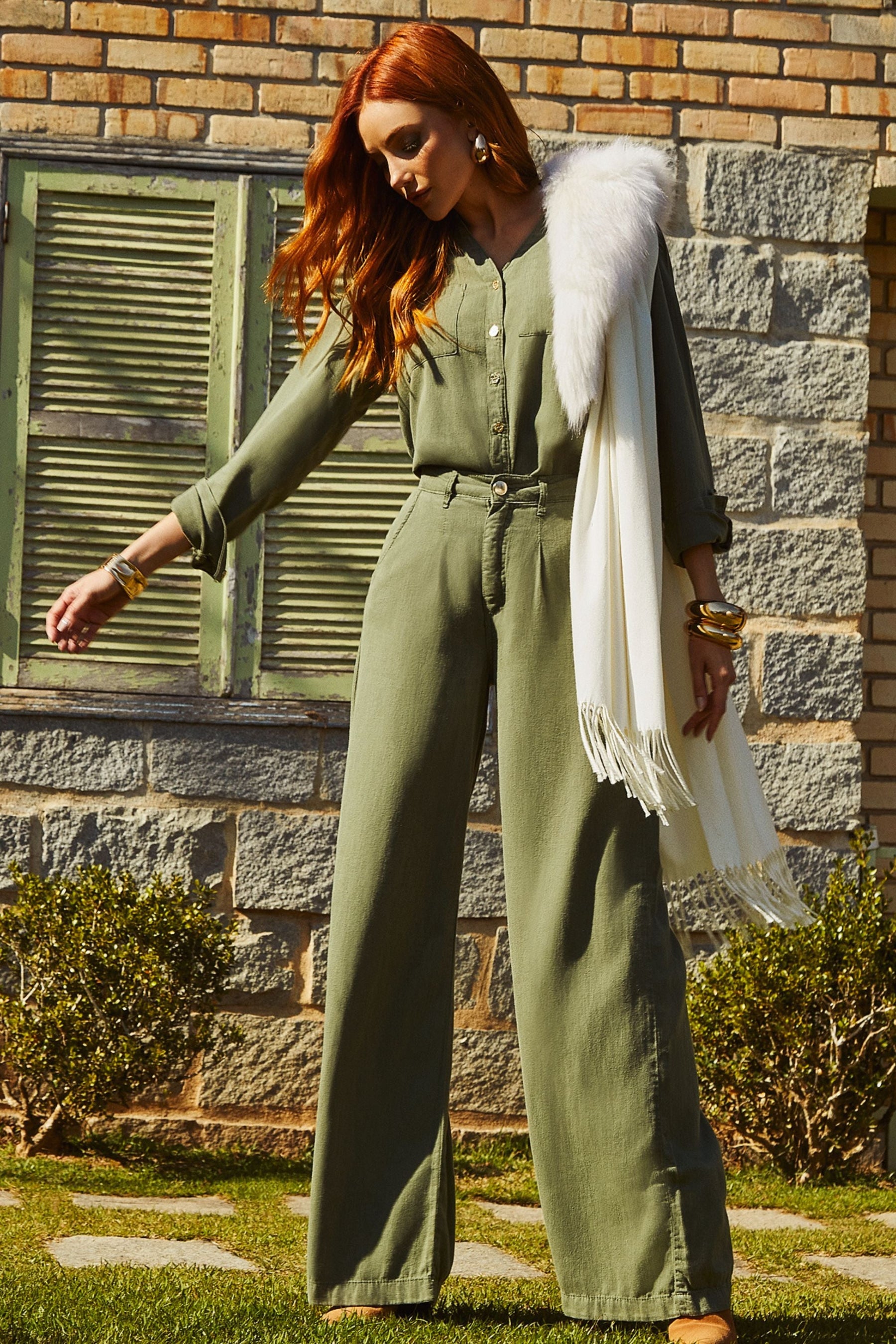 Calça Pantalona de Linho Térmico Dunas Verde Militar