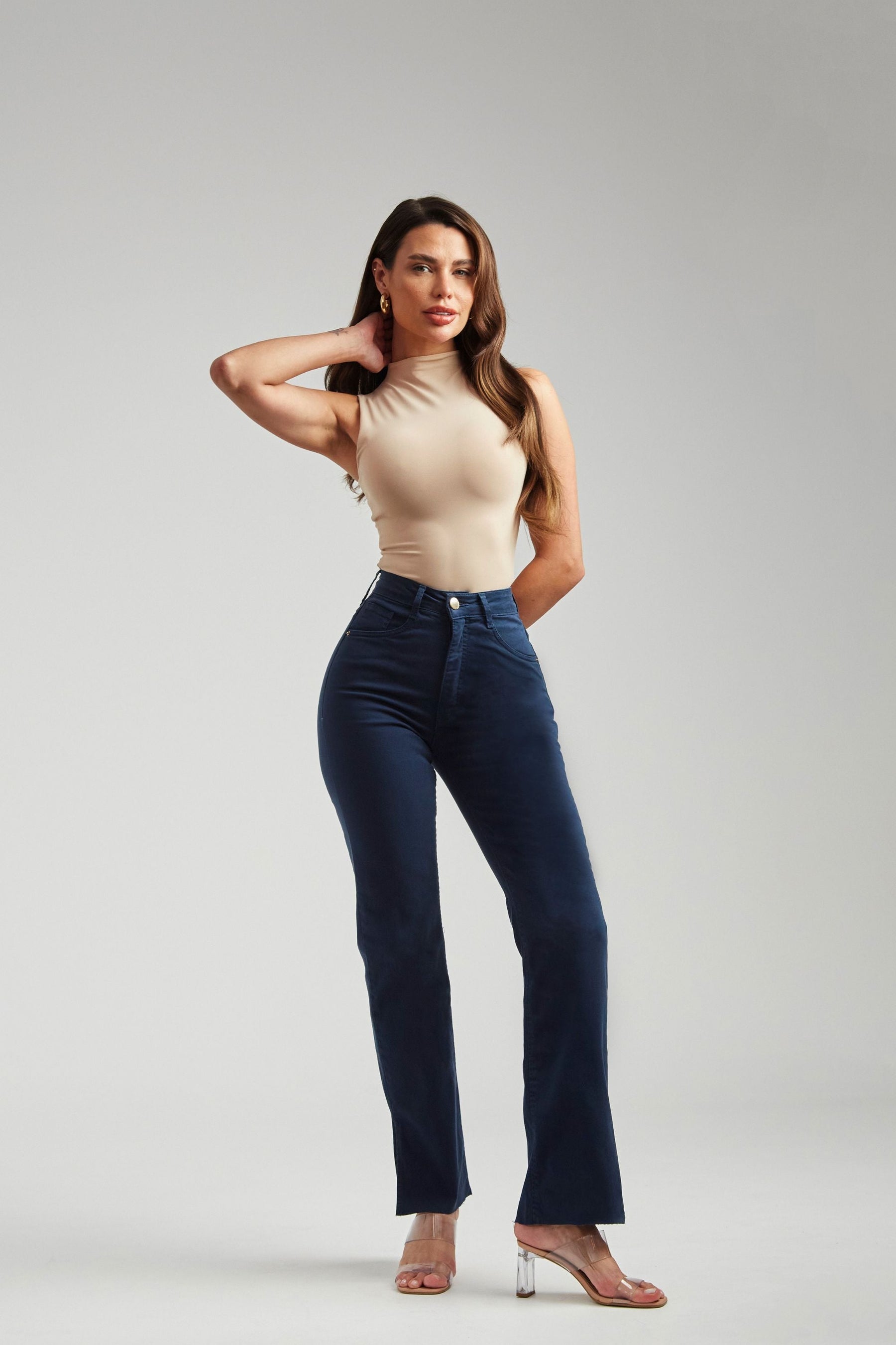 Calça Jeans Modeladora Azul Marinho Reta Cós Alto