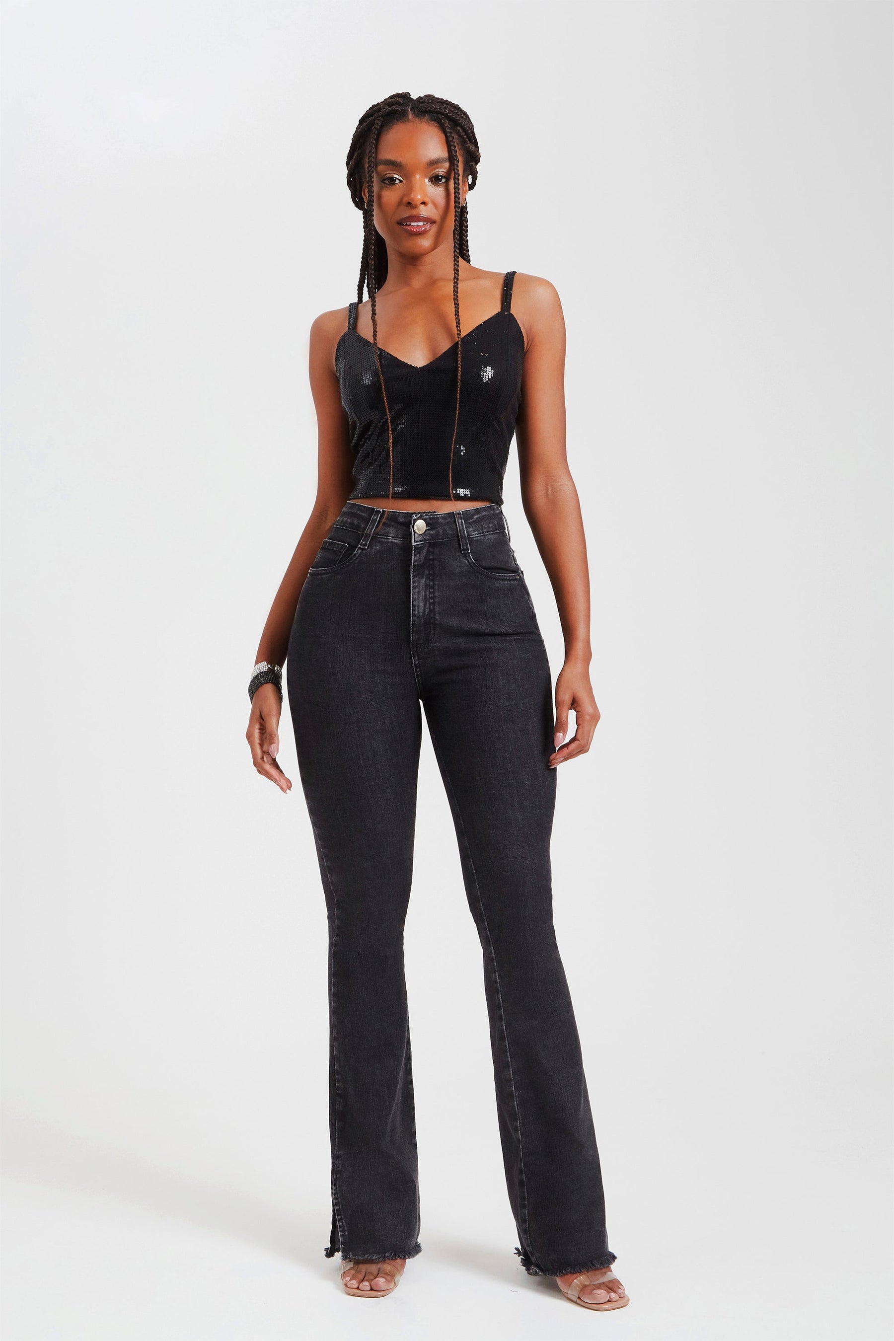 Calça Jeans Modeladora Boot Cut Cinza Cós Super Alto