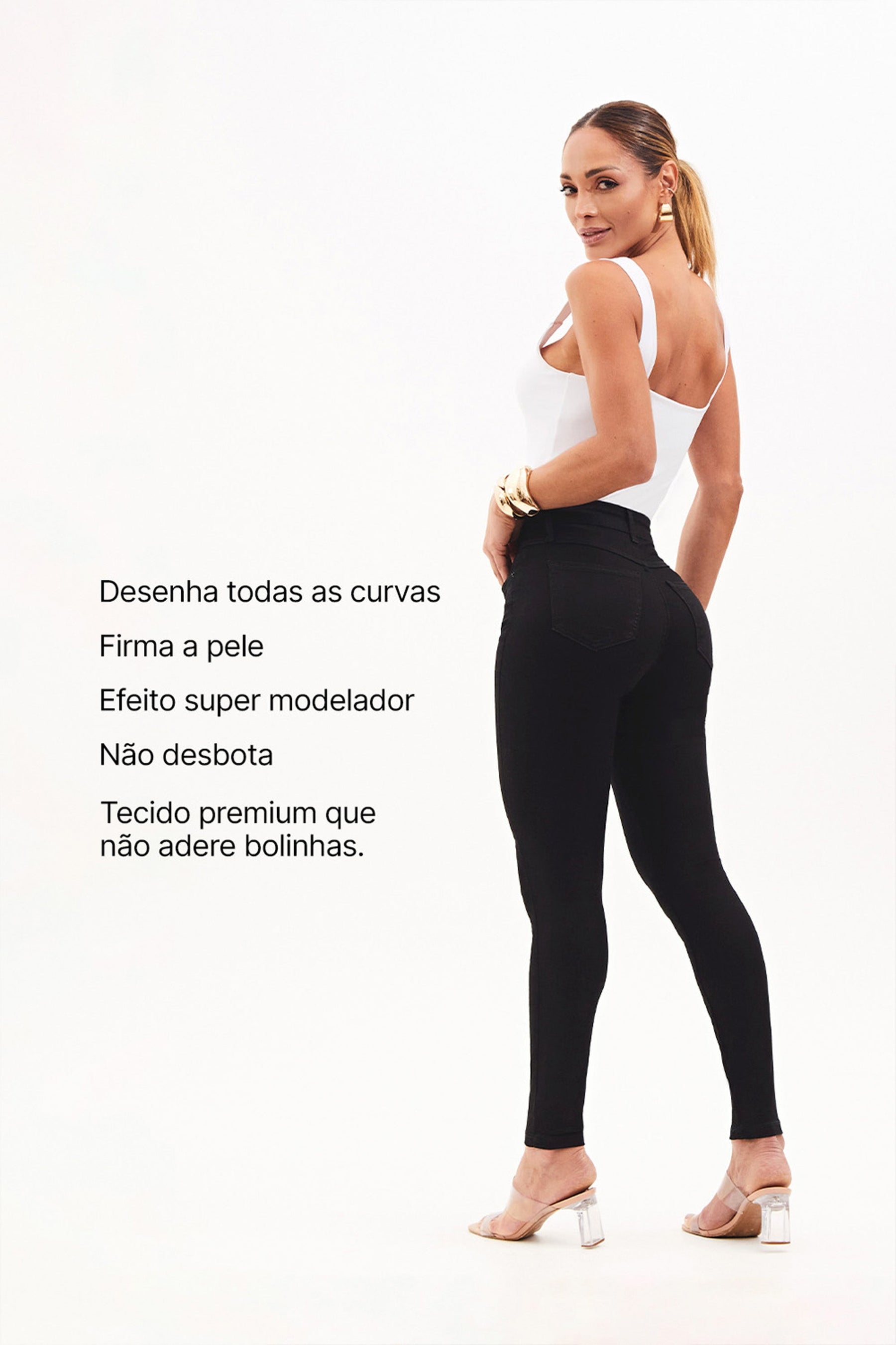 Calça Jeans Modeladora Skinny Preto Intenso Cós Médio