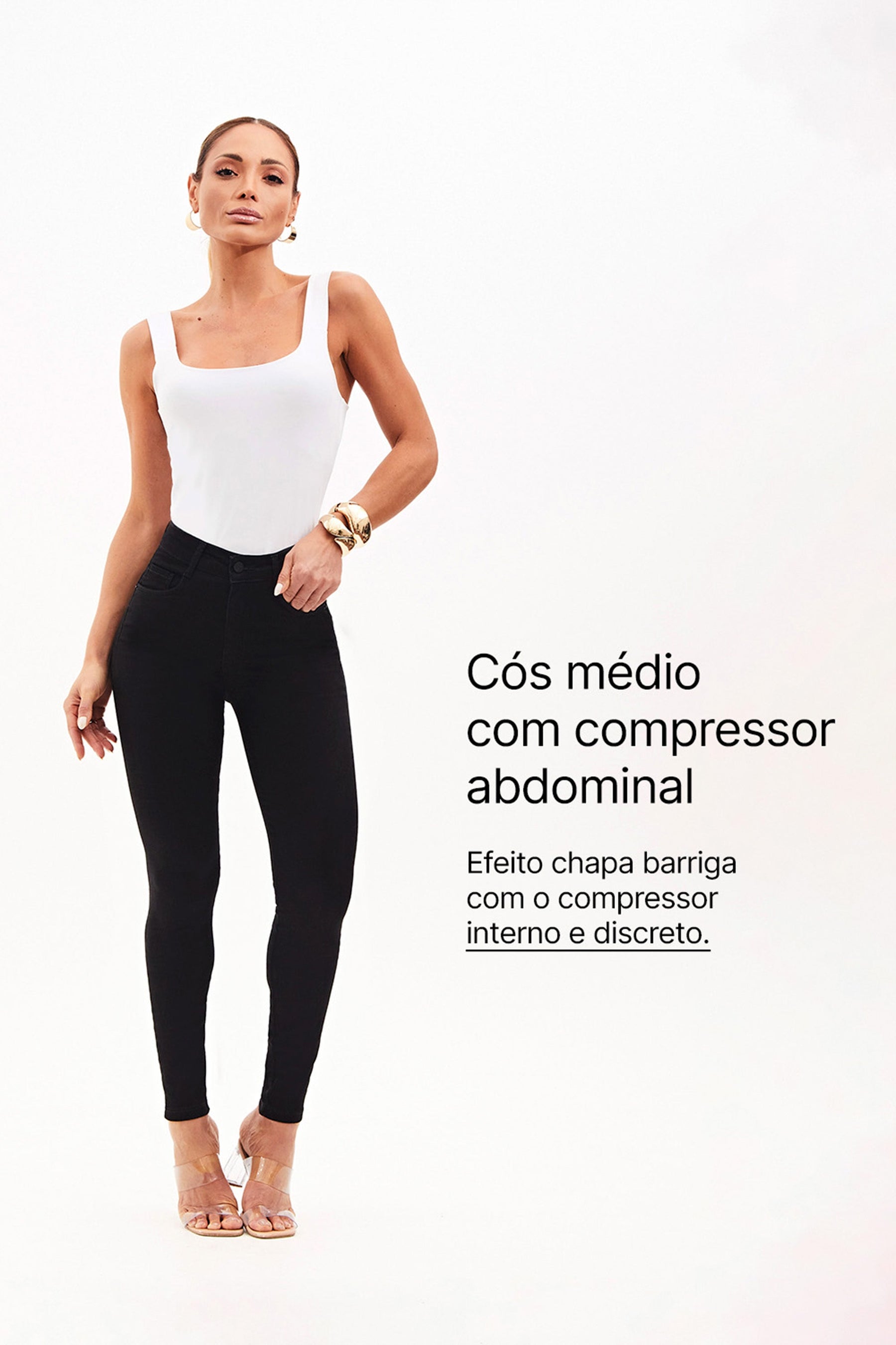 Calça Jeans Modeladora Skinny Preto Intenso Cós Médio
