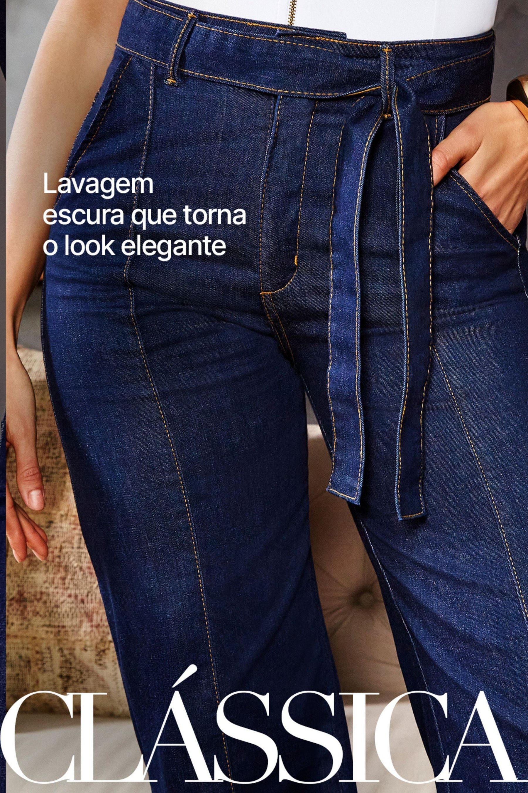 Calça Jeans de Rica Tecnológica Wide Leg Cós Super Alto
