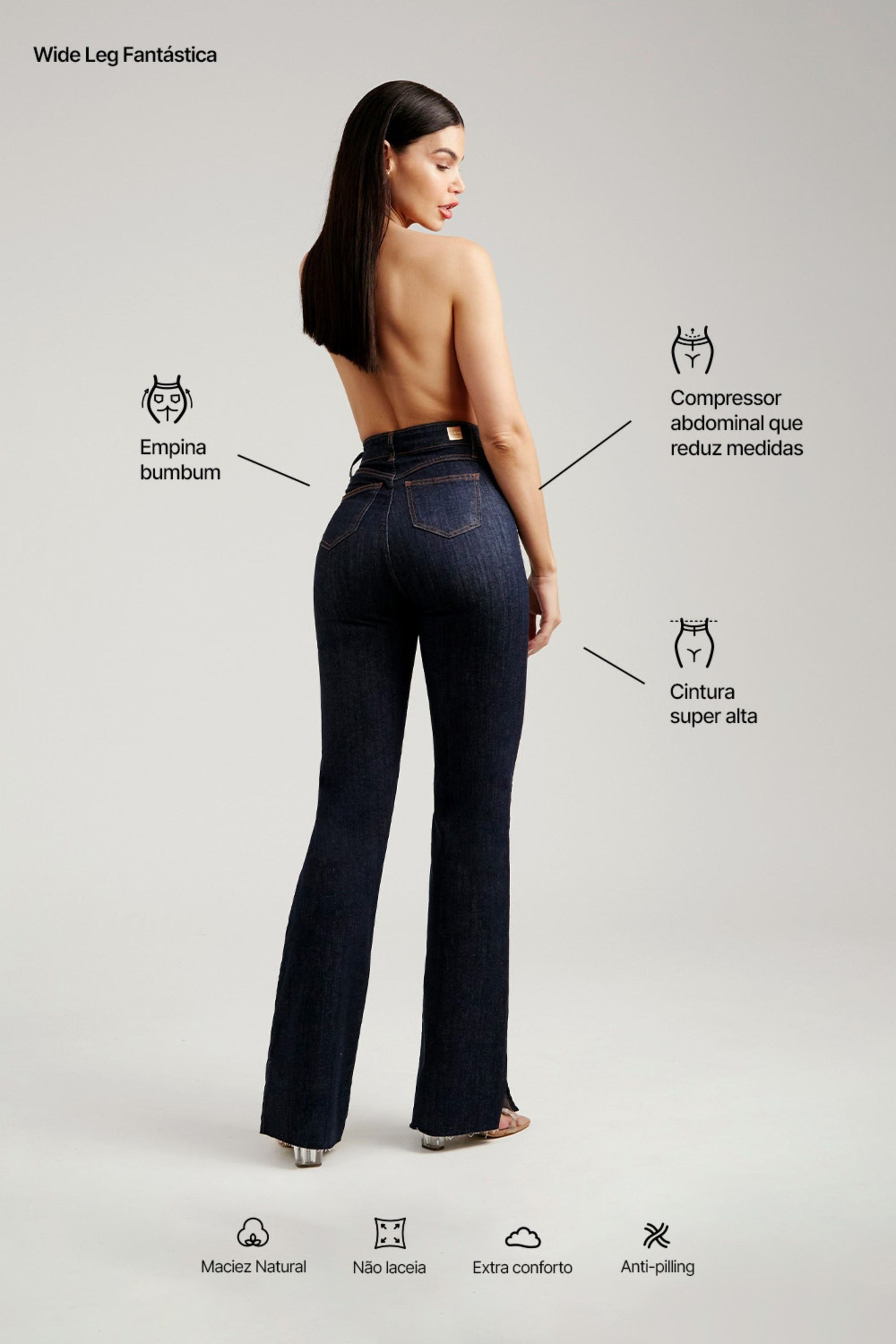 Calça Jeans Modeladora Fantástica Wide Leg Cós Super Alto