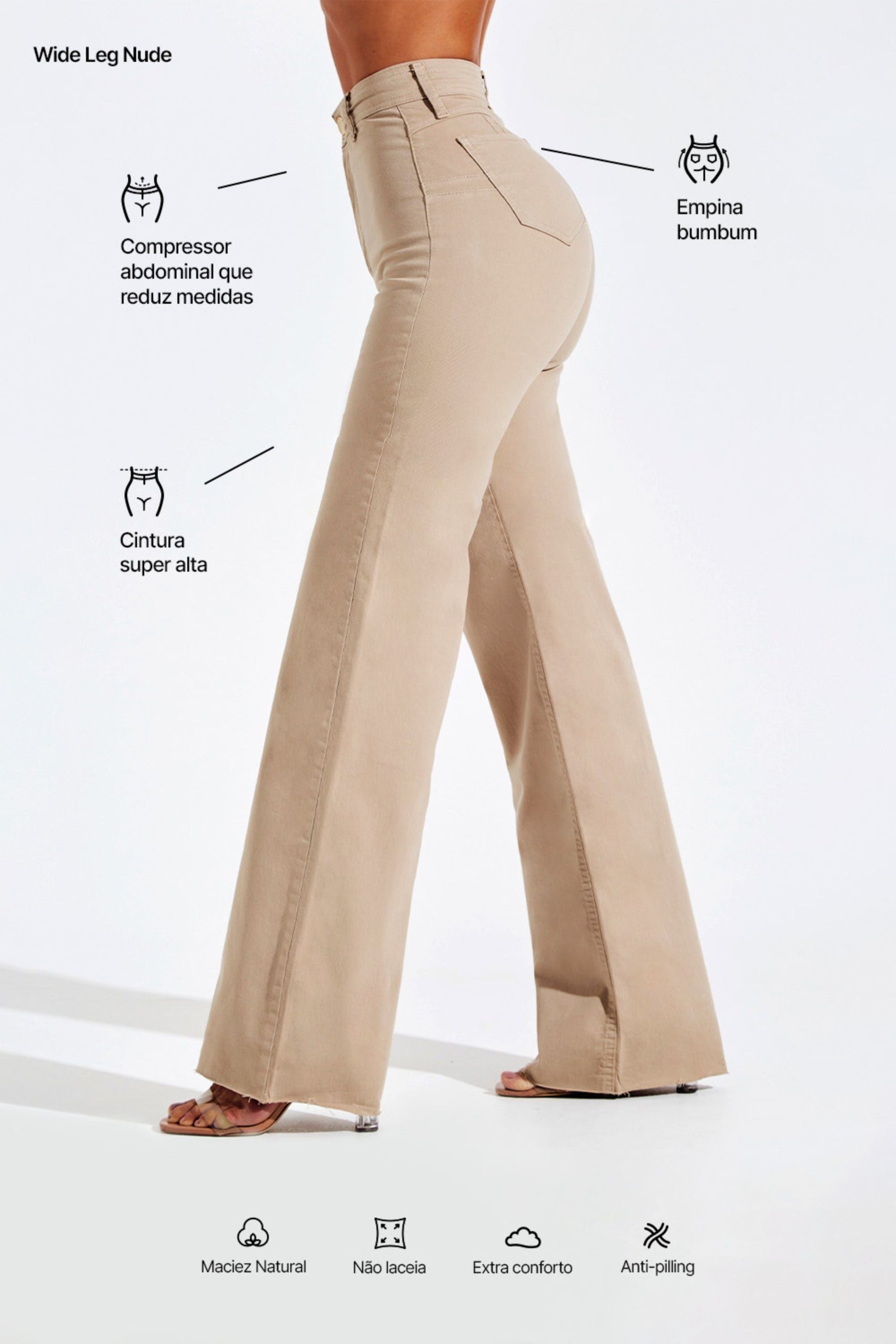 Calça Jeans Modeladora Nude Wide Leg Cós Super Alto