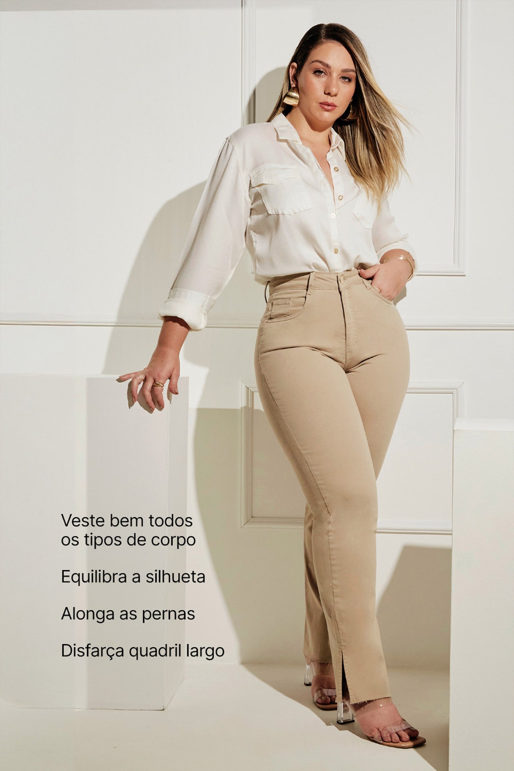 Calça Jeans Modeladora Nude Reta Cós Alto
