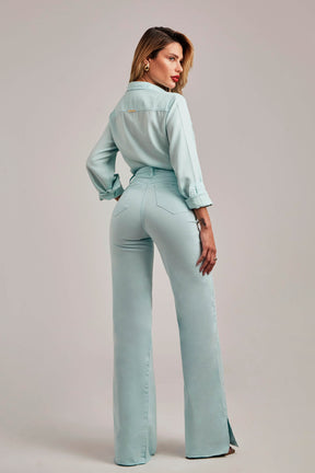 Calça Jeans Modeladora Wide Leg com Fenda Aqua Cós Super Alto