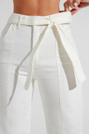 Calça Jeans de Rica Tecnológica Wide Leg Off White Cós Super Alto