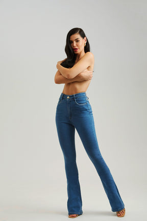 Calça Jeans Modeladora Clássica Flare Cós Super Alto
