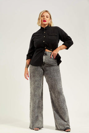 Calça Jeans Modeladora Wide Leg Cinza Cós Super Alto