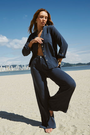 Calça Pantalona de Linho Térmico Dunas Azul Marinho