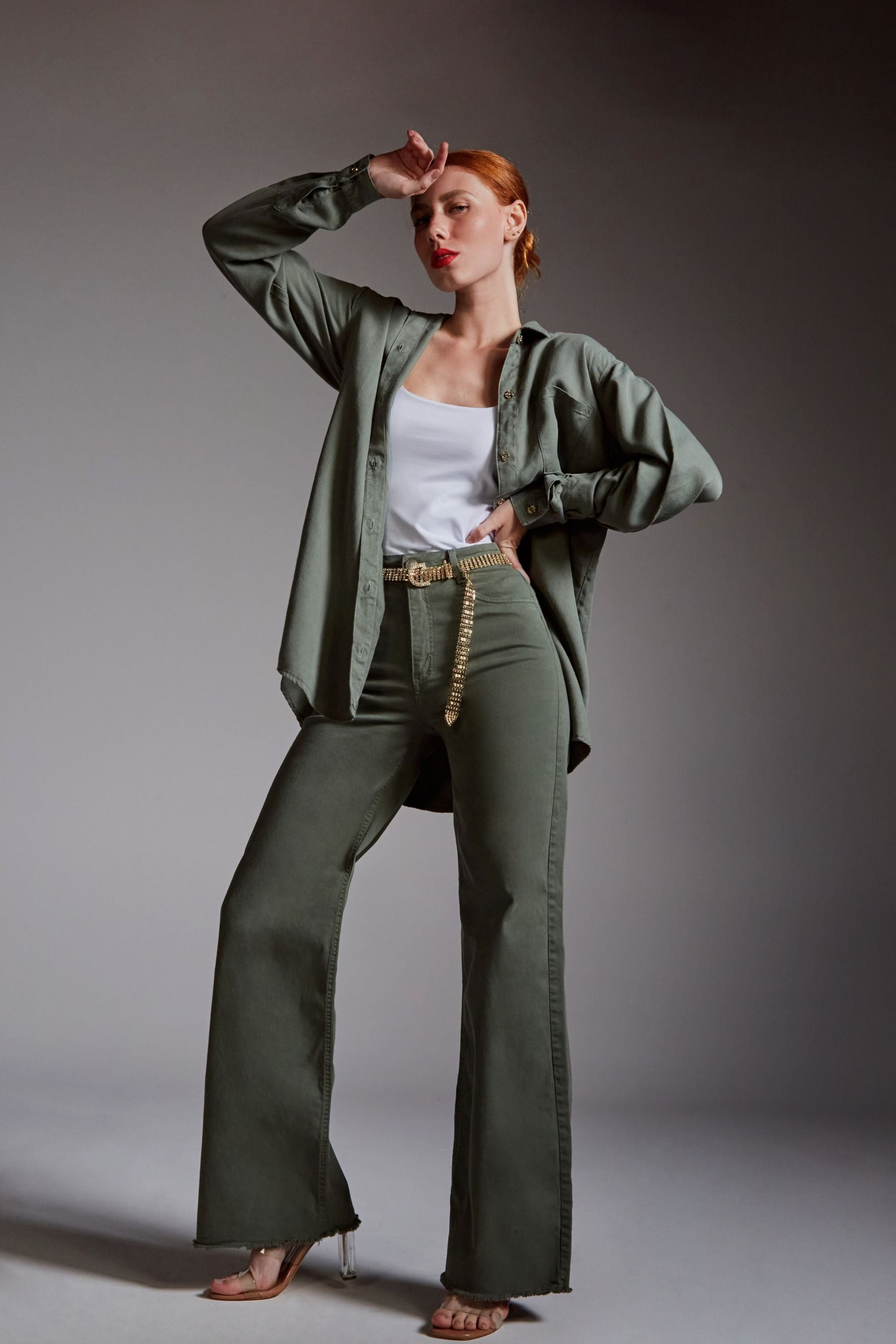 Calça Jeans Modeladora Verde Wide Leg Cós Super Alto