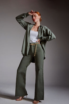 Calça Jeans Modeladora Verde Wide Leg Cós Super Alto