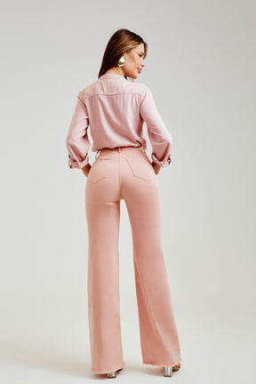 Calça Jeans Modeladora Rosa Wide Leg Cós Super Alto
