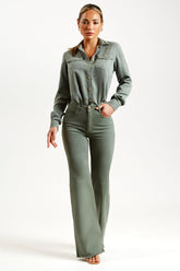 Calça Jeans Modeladora Verde Wide Leg Cós Super Alto