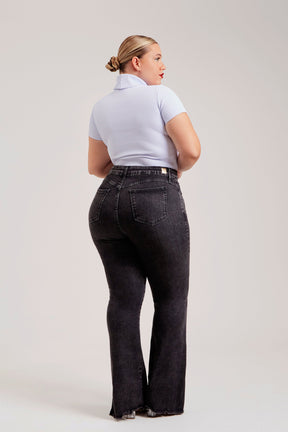 Calça Jeans Modeladora Boot Cut Cinza Cós Super Alto