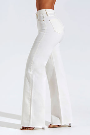 Calça Jeans Modeladora Off White Wide Leg Cós Super Alto