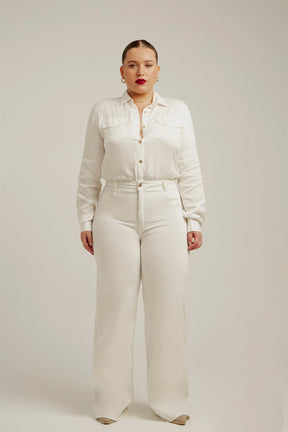 Calça Jeans Modeladora Off White Wide Leg Cós Super Alto
