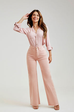 Calça Jeans Modeladora Rosa Wide Leg Cós Super Alto