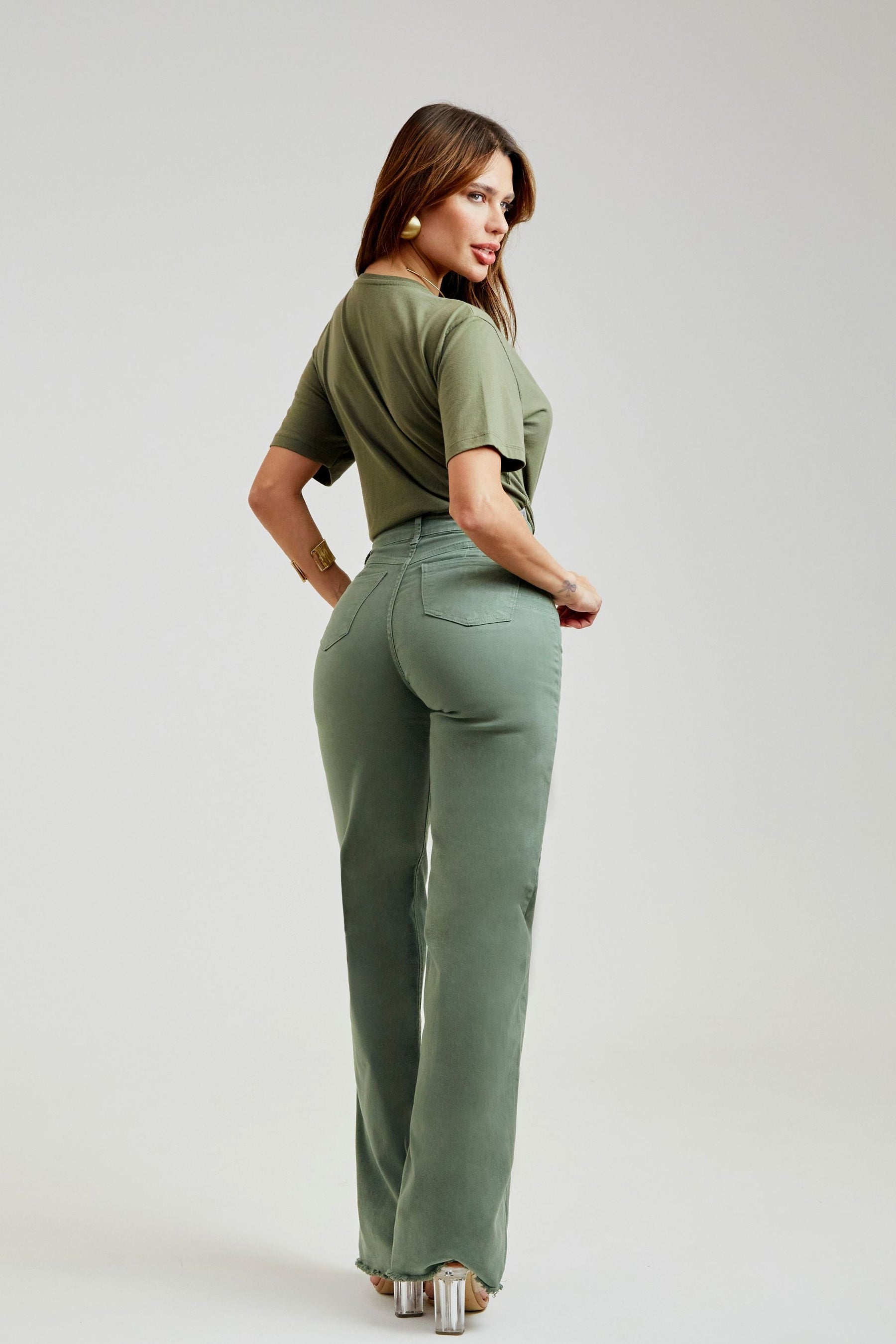 Calça Jeans Modeladora Verde Wide Leg Cós Super Alto
