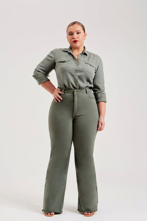 Calça Jeans Modeladora Verde Wide Leg Cós Super Alto