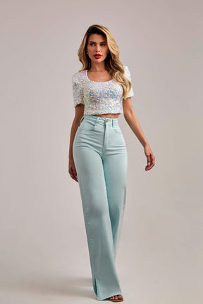 Calça Jeans Modeladora Wide Leg com Fenda Aqua Cós Super Alto