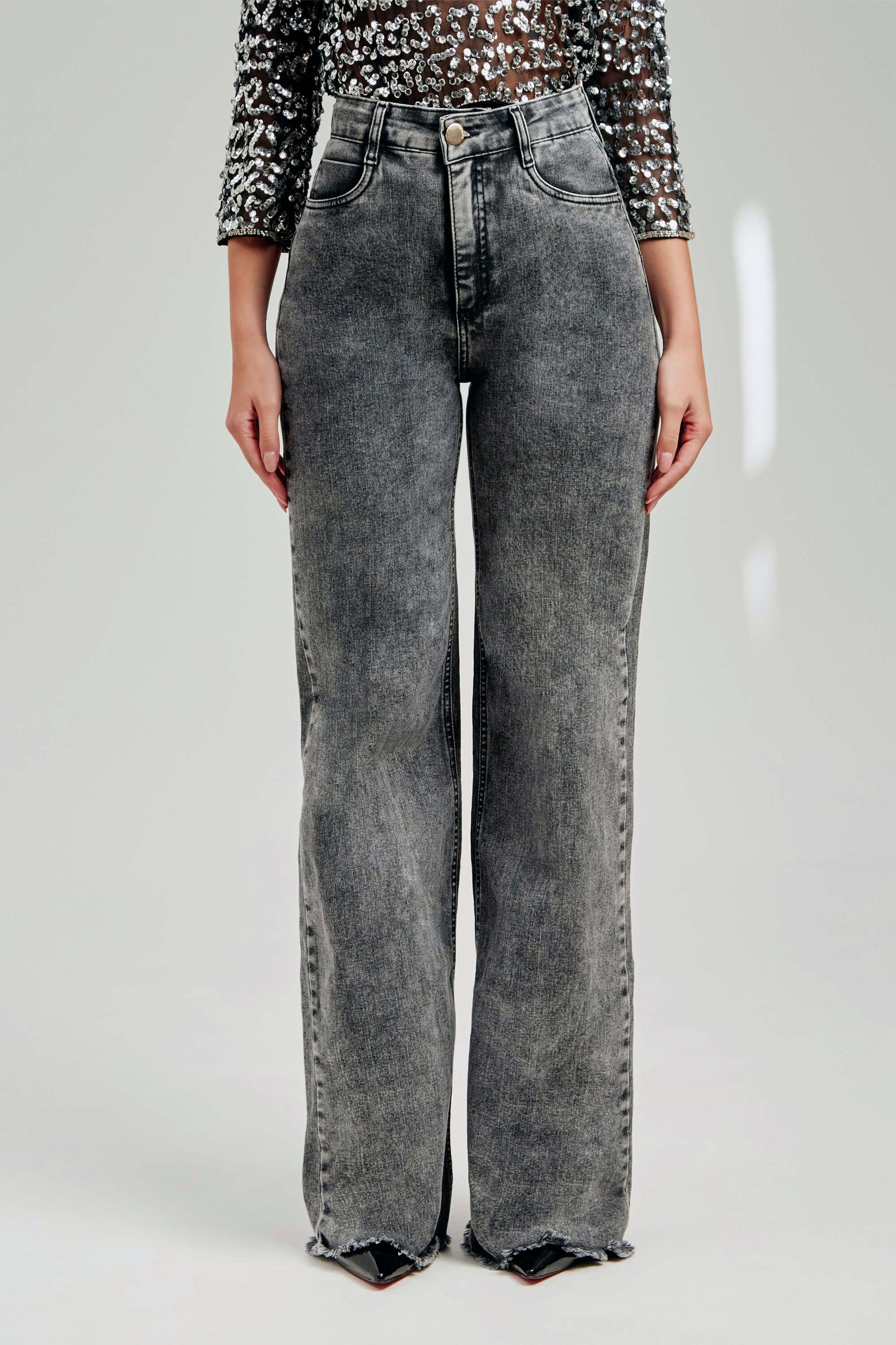 Calça Jeans Modeladora Wide Leg Cinza Cós Super Alto