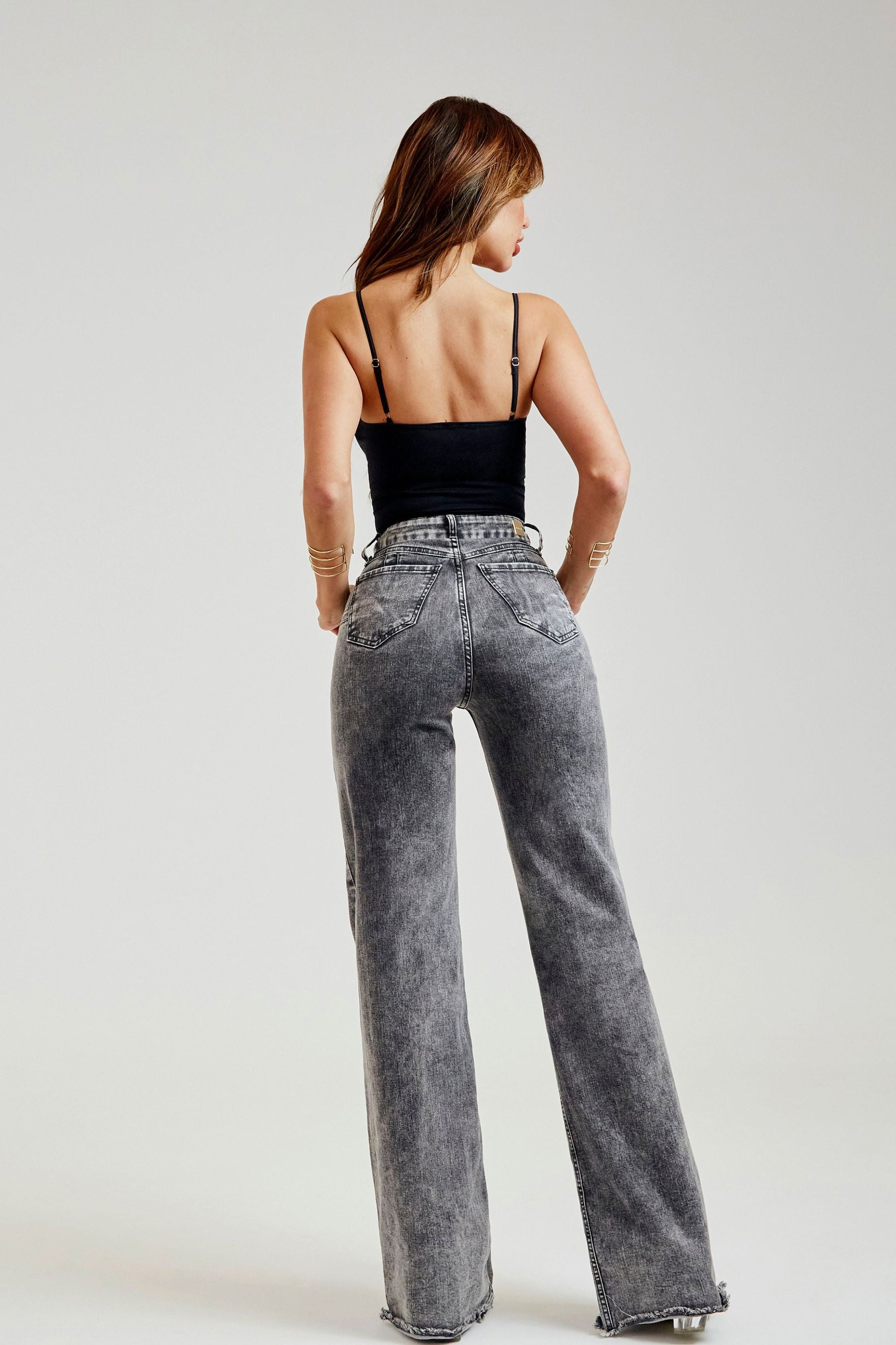 Calça Jeans Modeladora Wide Leg Cinza Cós Super Alto