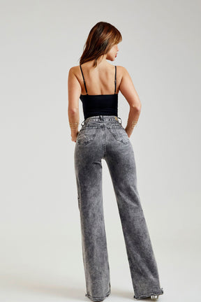 Calça Jeans Modeladora Wide Leg Cinza Cós Super Alto