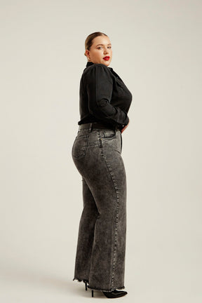 Calça Jeans Modeladora Wide Leg Cinza Cós Super Alto