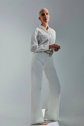 Calça Jeans Modeladora Off White Wide Leg Cós Super Alto