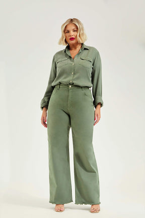 Calça Jeans Modeladora Verde Wide Leg Cós Super Alto