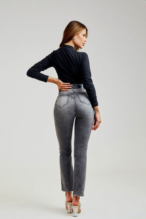 Calça Jeans Modeladora Cinza Reta Cós Super Alto