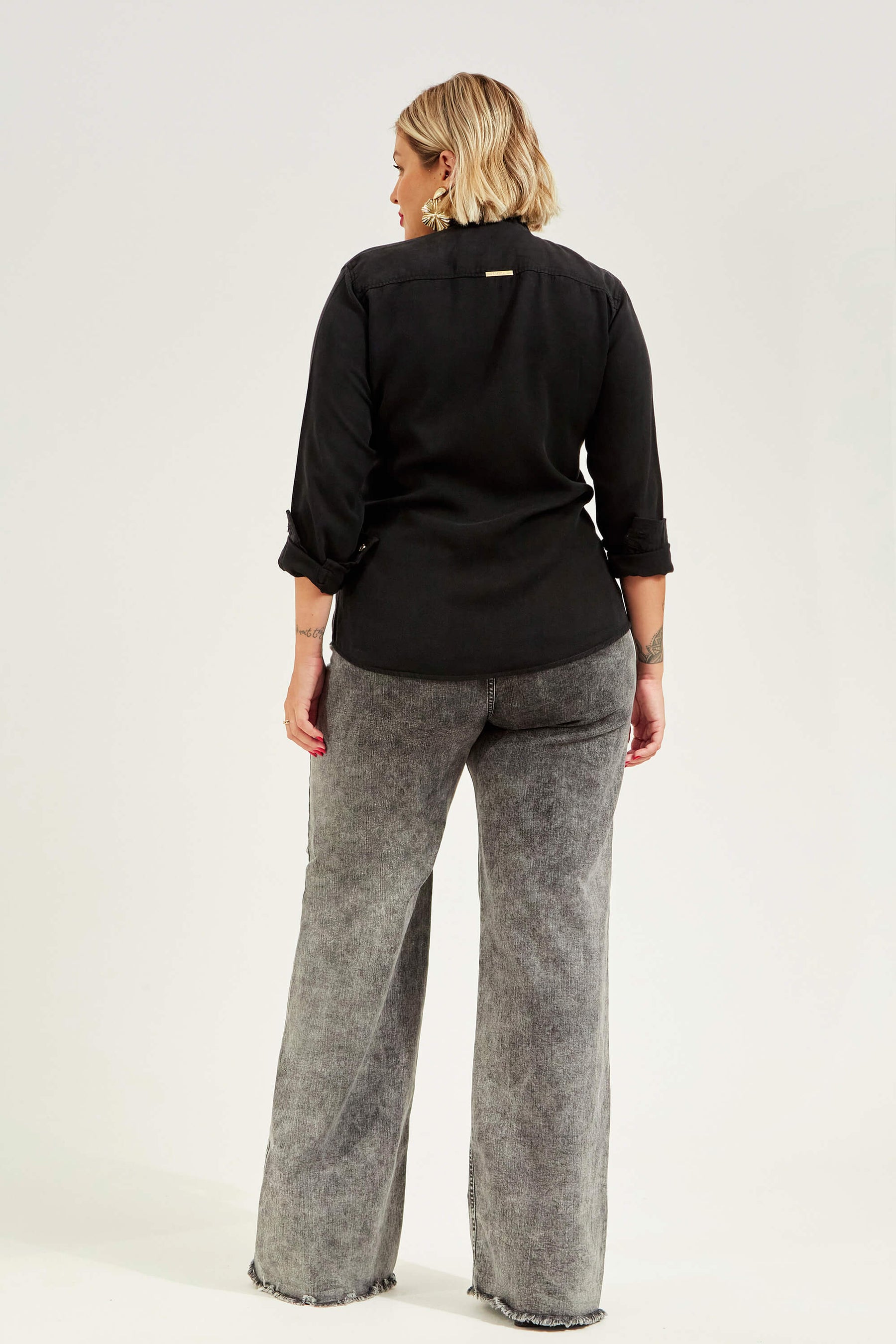 Calça Jeans Modeladora Wide Leg Cinza Cós Super Alto