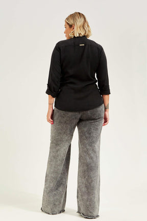Calça Jeans Modeladora Wide Leg Cinza Cós Super Alto